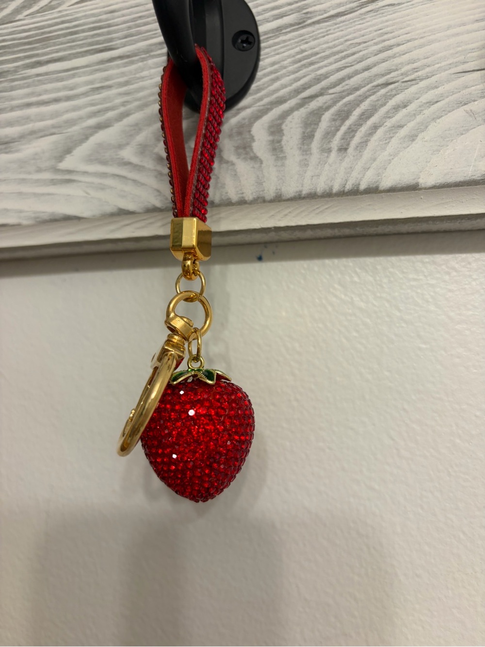 Red Rhinestone Strawberry Keychain with Gold Hardware - Picture 4 of 5